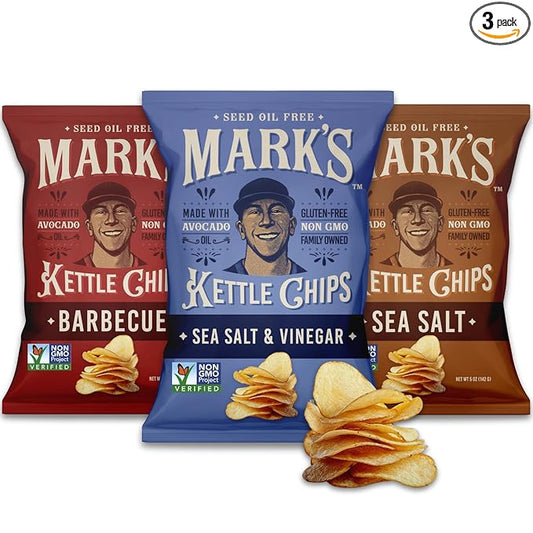 MARK’S Kettle Cooked Avocado Oil Potato Chips, Variety Pack – Seed Oil & GMO Free | 3-Flavor Variety Pack, 5 oz (Pack of 3) | Gluten Free, Non-GMO Chips for Clean & Healthy Snacking