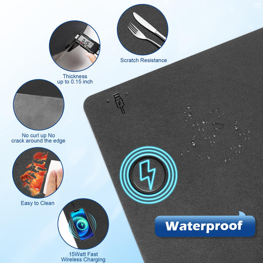 Wireless Charging Desk Mat with Desk Pad for Desktop Charging Large Mouse Pad Waterproof Leather Computer Mat Mouse Pad Non-Slip Protector on Top of Desks for Keyboard and Mouse (black-l, 36*17inch)