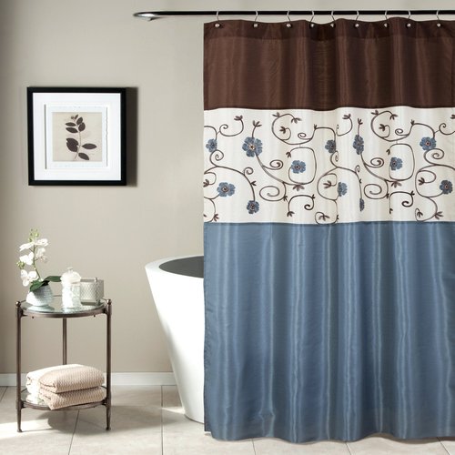 Lush Decor Royal Garden Shower Curtain | Fabric Floral Color Block Stripe Neutral Bathroom Decor, 72" x 72" - Blue