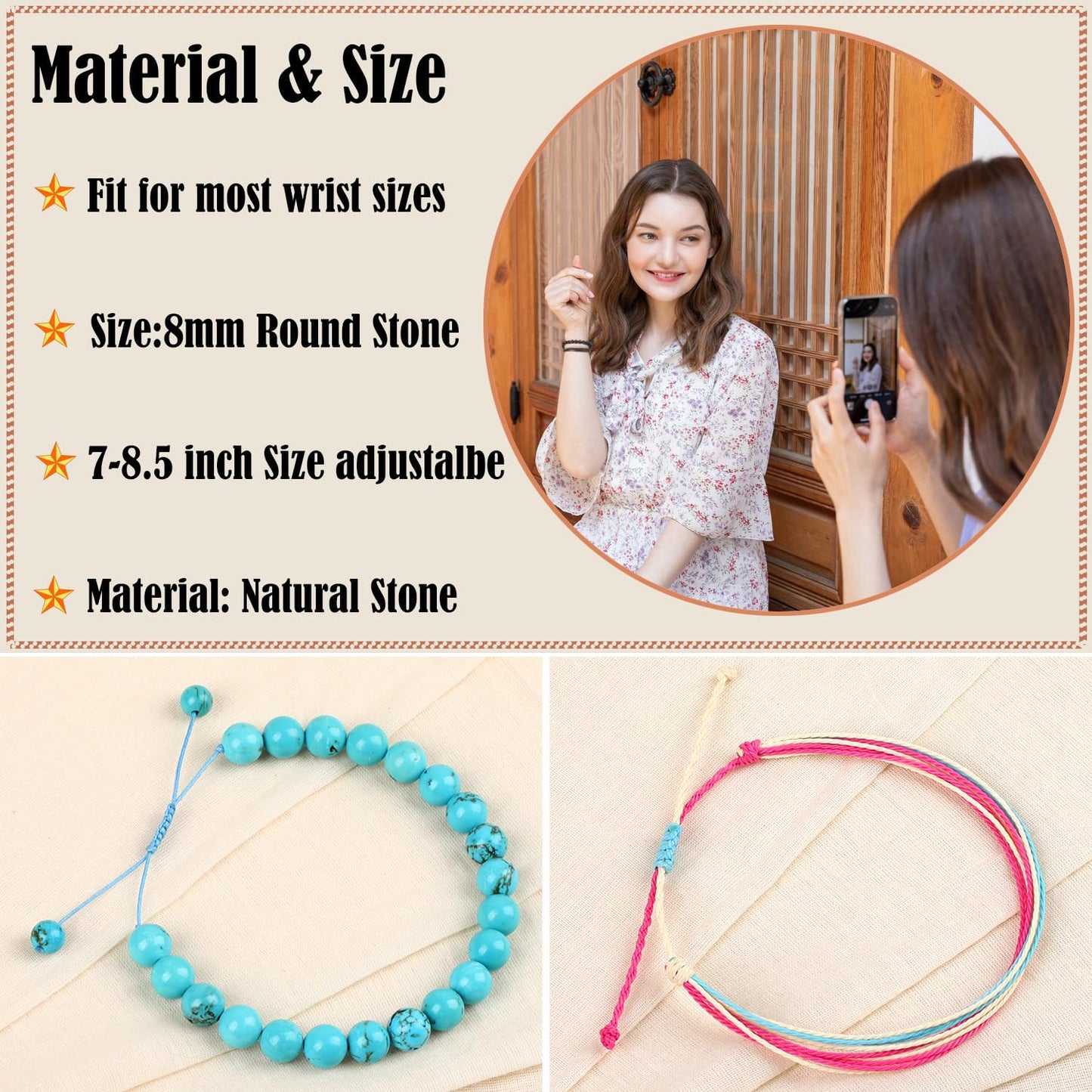 LPBeads 8mm Blue Turquoise Bracelet with Handmade Rope Bracelet Size Adjustable Stone Crystal Healing Bracelets Gifts for Unisex Adults