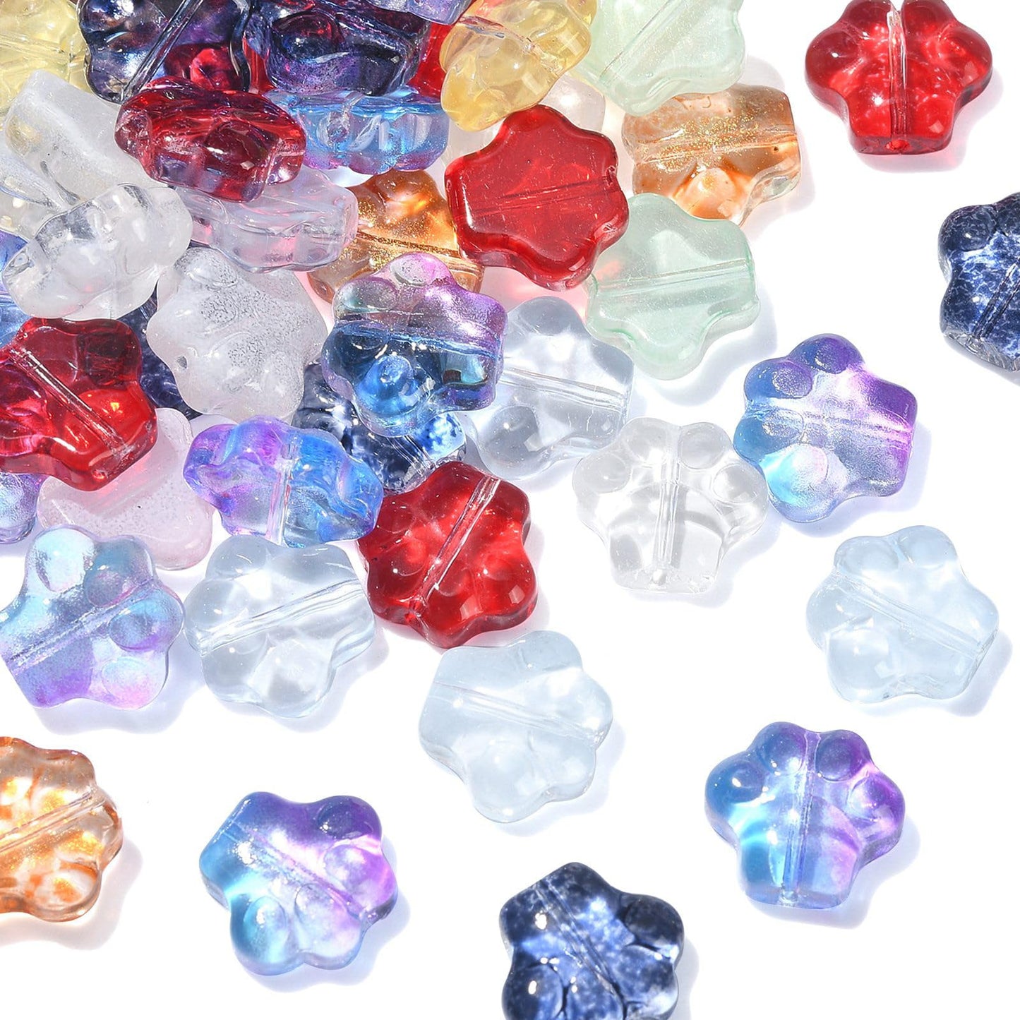 LiQunSweet 100 Pcs Mixed Style Colorful Cystal Glass Beads Dog Cat Animal Paw Prints Footprint Beads for Jewelry Making