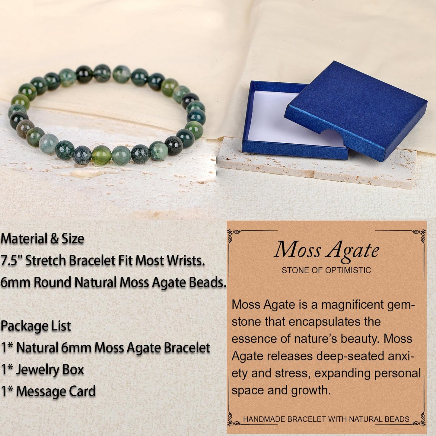 LPBeads Handmade Natural Gemstone Stretch Elastic 6mm Moss Agate Bracelet Healing Crystal Round Stone Beads Jewelry Gifts for Women Men