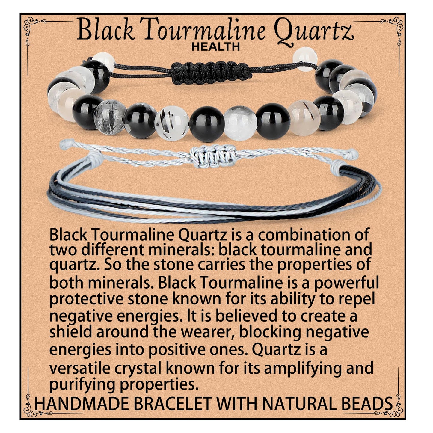LPBeads 8mm Black Rutilated Bracelet with Handmade Rope Bracelet Size Adjustable Natural Stone Crystal Healing Bracelets Gifts for Unisex Adults