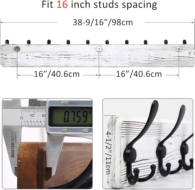 WEBI Coat Rack Wall Mount,38 9/16" Long,10 Hooks,Large Coat Hooks Wall Mounted,Coat Hanger Wall,Farmhouse Wood Hook Rack Rail,Triple Hooks for Hanging Coats,Clothes,Jacket,Black/White