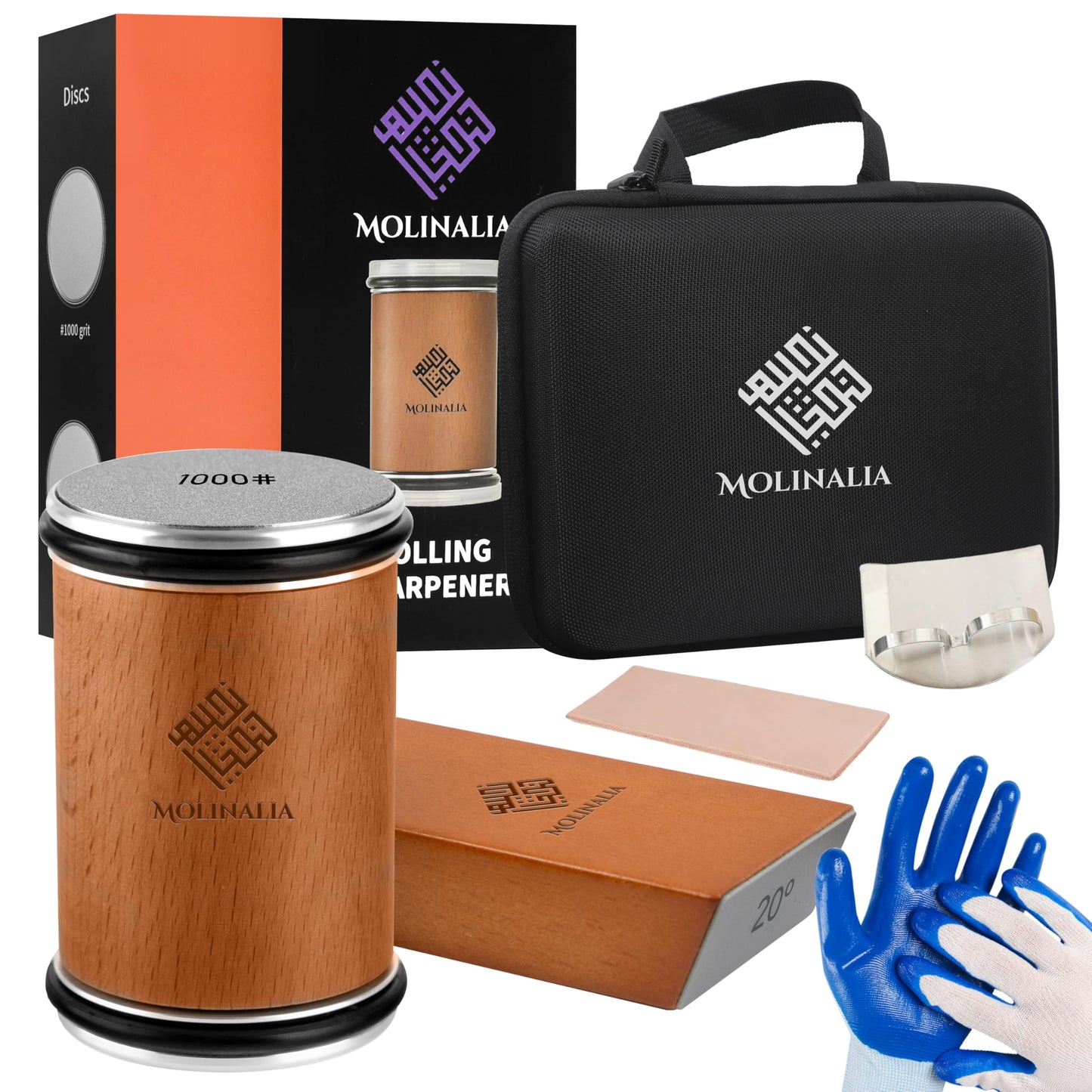 Molinalia Rolling Knife Sharpener Kit for Kitchen - Multi Angle Tool with Magnetic Angle Guide (15°/20°) Diamond & Ceramic Discs, Knife Sharpening Kit having Finger Guard, Gloves & Travel Bag