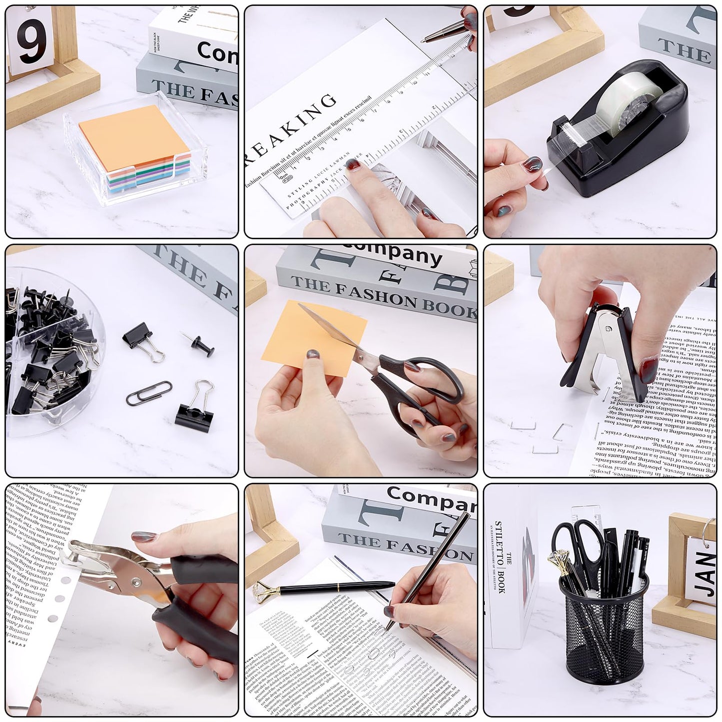 17 in 1 Black Desk Organizers and Accessories Set, 3 Office Desk Supplies Storage Organization, 4 Pens, Stapler, Staples & Remover, Tape & Dispenser, Scissors, Ruler, Clips, Hole Punch, Back to School