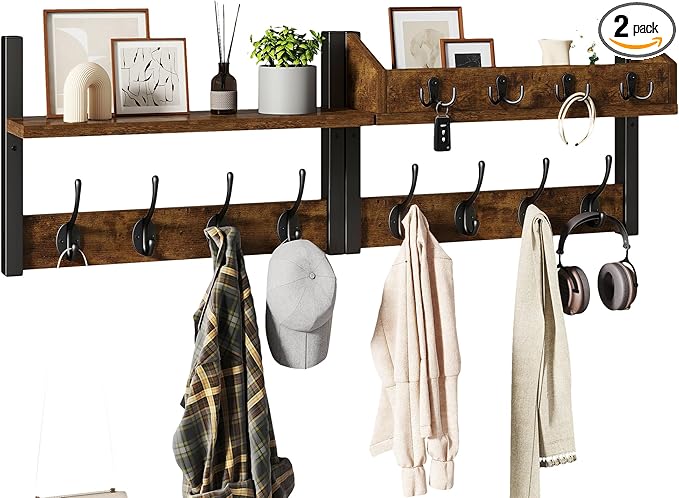 YMYNY 31.5" Coat Rack Wall Mount with Shelf, 4 in 1 Key and Coat Hanger with 12 Metal Hooks, Wall Shelf with Hooks & Mail Holder for Living Room, Bedroom, Rustic Brown, HWS007H-2