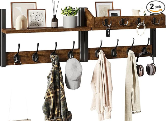 YMYNY 31.5" Coat Rack Wall Mount with Shelf, 4 in 1 Key and Coat Hanger with 12 Metal Hooks, Wall Shelf with Hooks & Mail Holder for Living Room, Bedroom, Rustic Brown, HWS007H-2