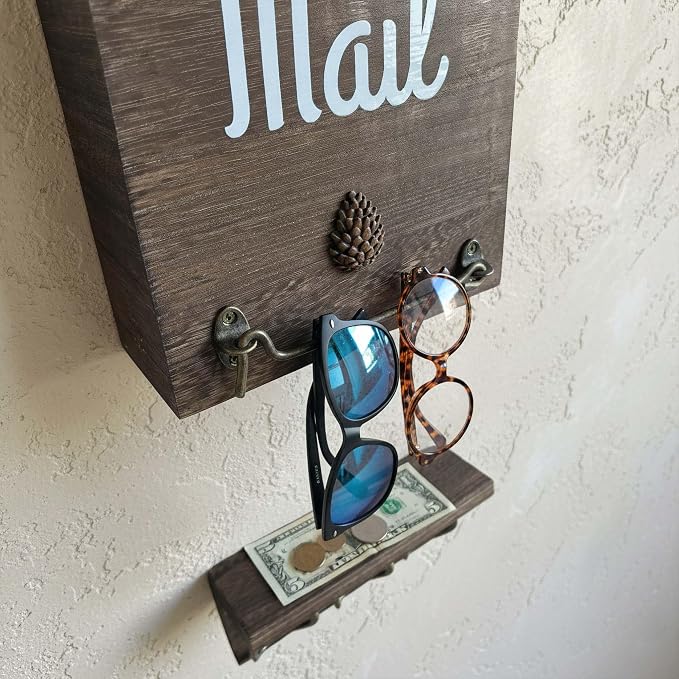 eBun Narrow Wood Mail Holder with 6 Key Hooks | Wall Mount, No-Drill Magnetic, Vertical Mail Slot, Entryway Decor