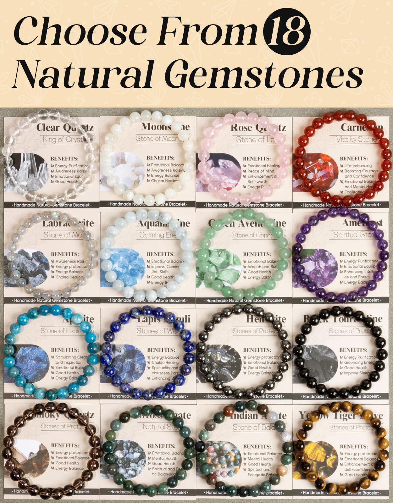 Landorilo Beaded Bracelet for Men Women, 8mm Natural Stone Moss Agate Healing Crystal Stretch Bracelets, Ideal Christmas Birthday Jewelry Gifts with Energy Card，Replacement Beads Included
