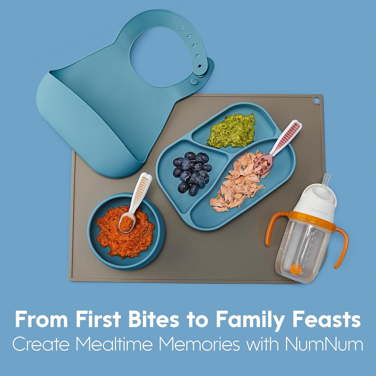 NumNum Baby Spoons Set - Silicone GOOtensils for Baby Led Weaning | Teething Spoon with Travel Case - Blue/Navy