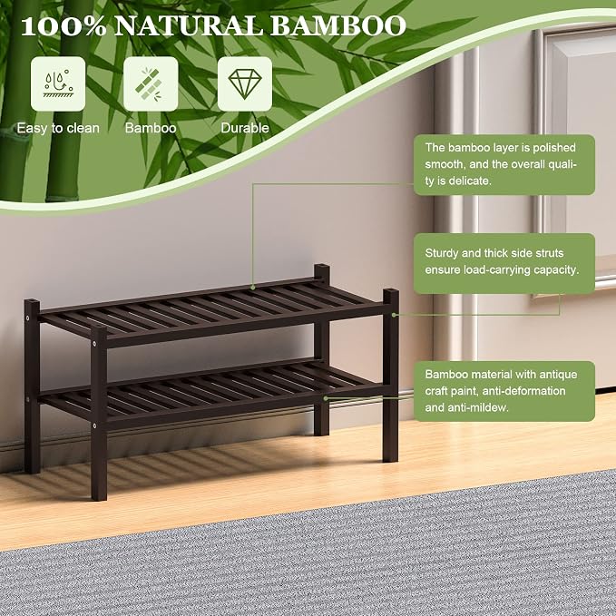 ROMGUAR CRAFT 2 Tier (Thick) Bamboo Shoe Rack for Closet Free Standing Wood Shoe Shelf for Entryway Small Space Stackable 27"x12"x14" (Black Brown)