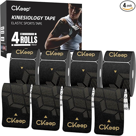 CKeep 4 Rolls Kinesiology Tape, Original Cotton Elastic Athletic Tape, 20 CT 10" Precut Strips Each, Waterproof Tape for Muscle Strain Relief and Joint Support, Black
