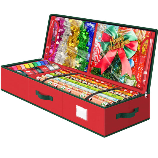 BlessedSeason Wrapping Paper Storage Organizer for 40 Inch Christmas Gifts Wrapping Paper, 2 Visible Supplies Pockets for Holiday Accessories, Christmas Decoration Storage Containers, Red