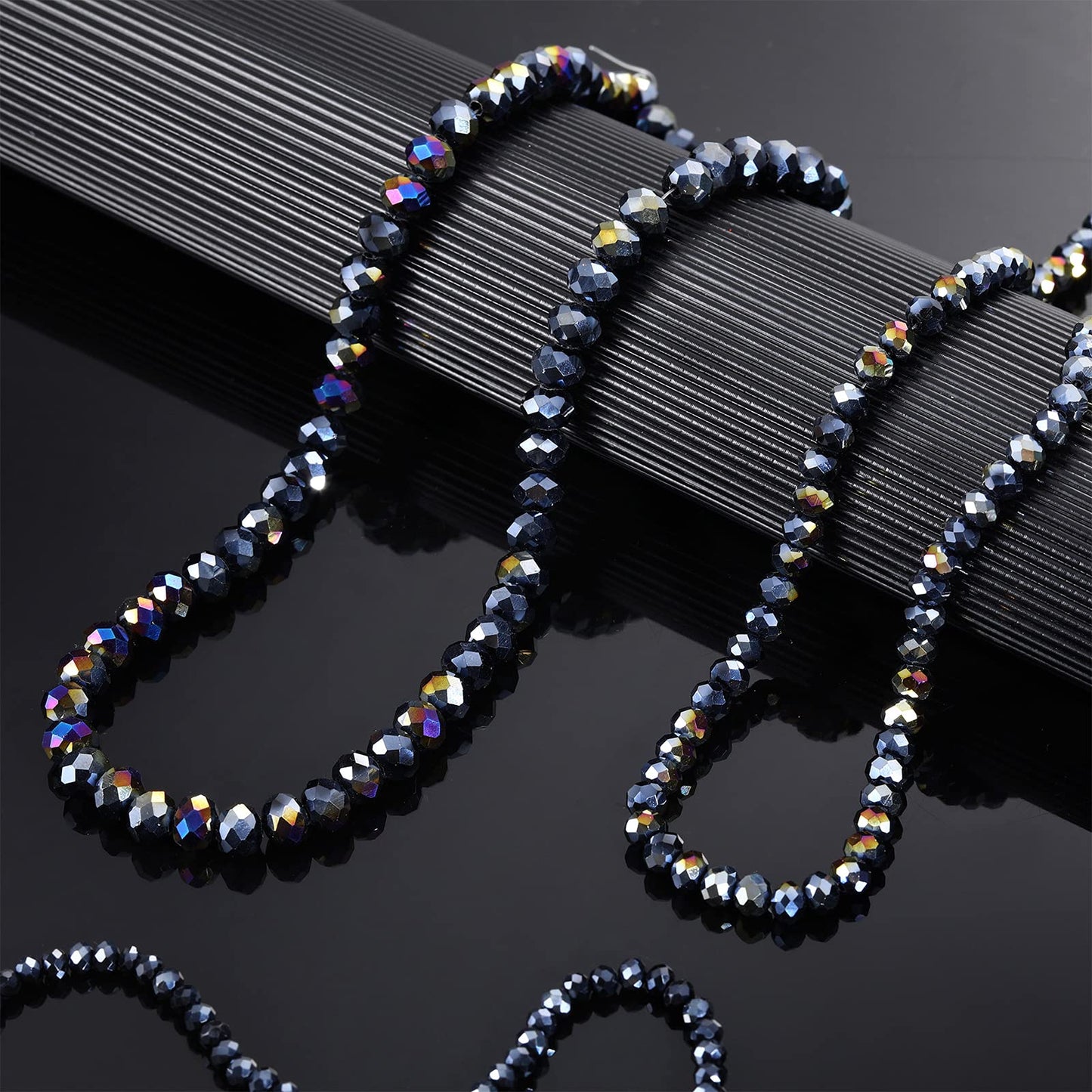 WILLBOND 600 Pcs Crystal Glass Beads for Jewelry Making Bulk Suncatcher Faceted Rondelle Loose Gemstone for Valentine's Day, Irish Holiday, Easter Bracelet DIY Crafts 8mm, 6mm, 4mm(Black AB Color)