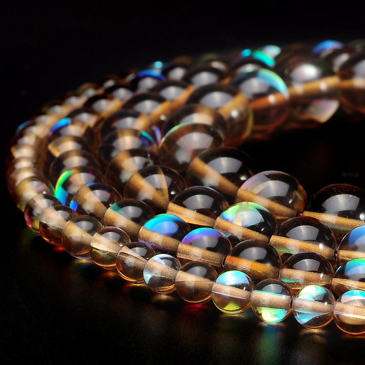RUBYCA Round Moonstone Crystal Glass Beads Aura Iridescent for Jewelry Making (1 Strand, 8mm, Brown)