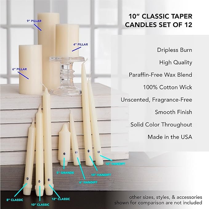 Colonial Candle Unscented Taper Candle, Classic Collection, Indigo, 10 In, Pack of 12 - Up to 8 Hours Burn