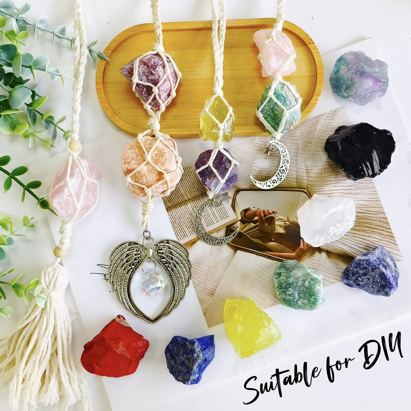 ZHIYUXI 2" Amethyst Rose Quartz Clear Quartz Fluorite Raw Crystals and Stones 4Pcs Crystals Bulk Real Huge Rocks for Tumbling Witchcraft Wrapping Fountain Rocks Cabbing Room Decor