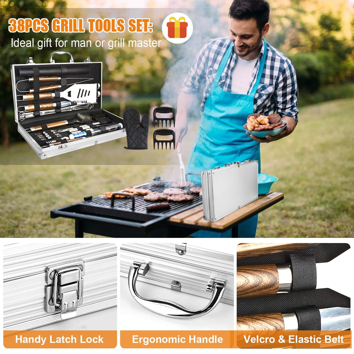 Cifaisi BBQ Grill Accessories Set, 38Pcs Stainless Steel Grill Tools Grilling Accessories with Aluminum Case, Thermometer, Grill Mats for Camping/Backyard Barbecue, Grill Set for Men Women