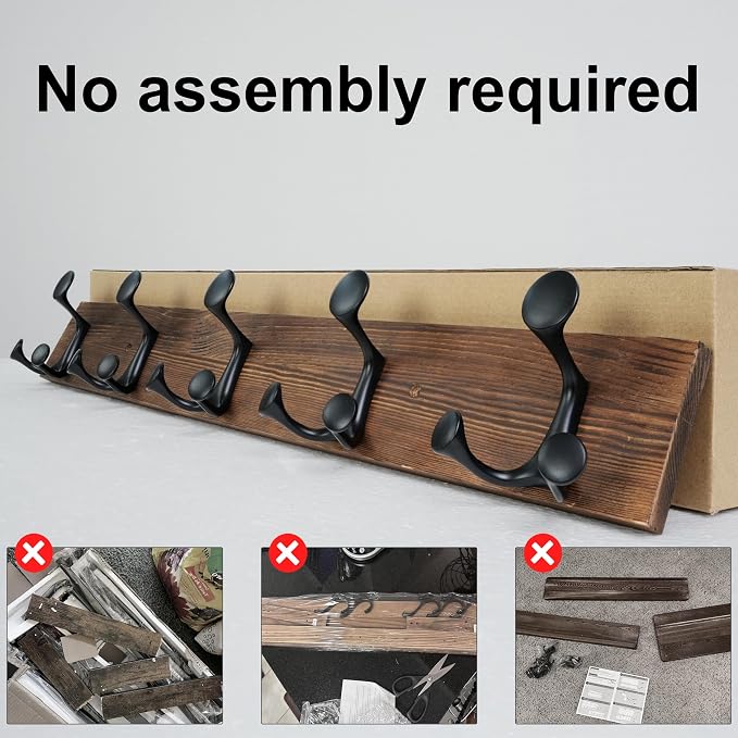 SKOLOO 24-Inch Wood Coat Rack Wall Mount with 5 Triple Hooks - Ideal for Family Entrances, Classrooms, and Pet Supplies Storage - Perfect Coat Hooks for Wall,Charred Golden Brown, Pack of 2