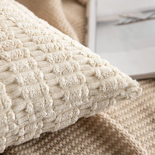MIULEE Corduroy Decorative Throw Pillow Covers - Soft Boho Striped Design | 12x12 Inch Cream White for Sofa & Bed