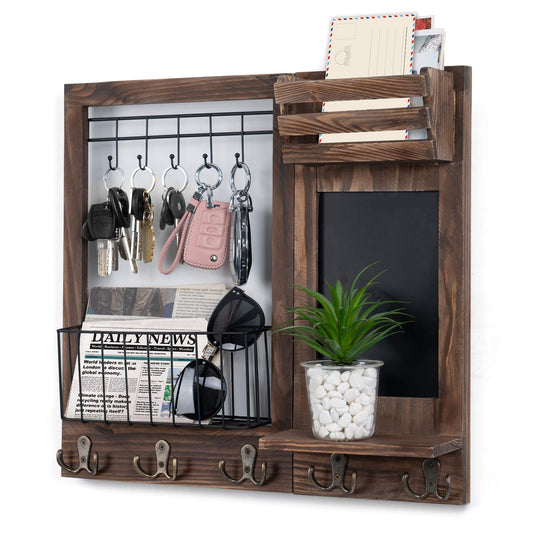 Dhmkfly Key Holder for Wall, Mail Organizer Wall Mount with 5 Hooks and Shelf, Home Decorative with 5 Double Hooks and Chalkboard for Home Coat/Letter/Dog Leash/Entryway/Hallway/Living Room Decor