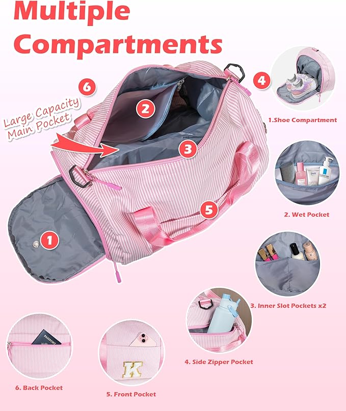 Cool Stuff for Teen Girls, Girl Gym Bag, Kids Initial Overnight Duffel Bags with Shoe Compartment, Personalized Travel Bag with Makeup Pouch, Pink Gift for Daughter Sister Niece (Letter H)