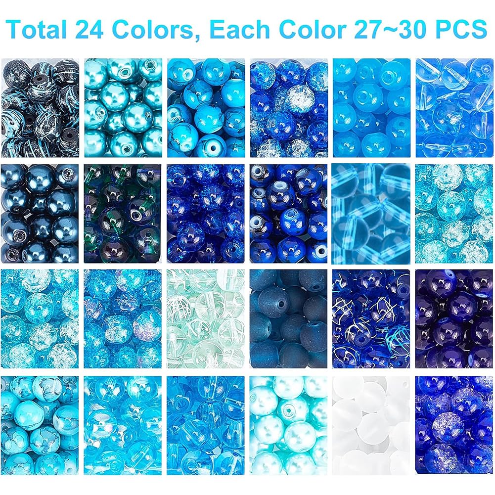 PH PandaHall 720pcs 8mm Blue Beads for Jewelry Making Glass Beads 24 Color Bracelet Bead Round Craft Loose Bead for Bracelets Necklaces Earring Summer Hawaii Boho Heshi Surfer Wave Jewelry Making