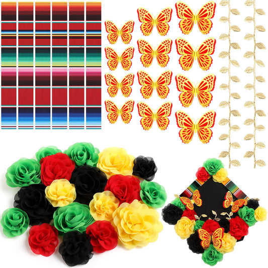 Fullhawl 37 Pcs DIY Mexican Graduation Cap Decorations Accessory Kit Include Chiffon Flower Heads 3D Butterfly Mexican Striped Sticker Gold Leaves Graduation Cap Decoration DIY Decor(Black)