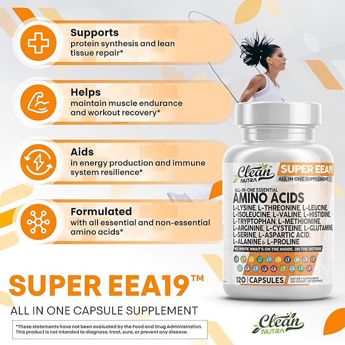 Clean Nutraceuticals Amino Acids Supplement L-Lysine, L-Threonine, L-Leucine, Isoleucine, Valine, L-Histidine, L-Tryptophan, L-Methionine, L-Arginine, L-Cysteine, L-Glutamine, L-Serine, Aspartic Acid