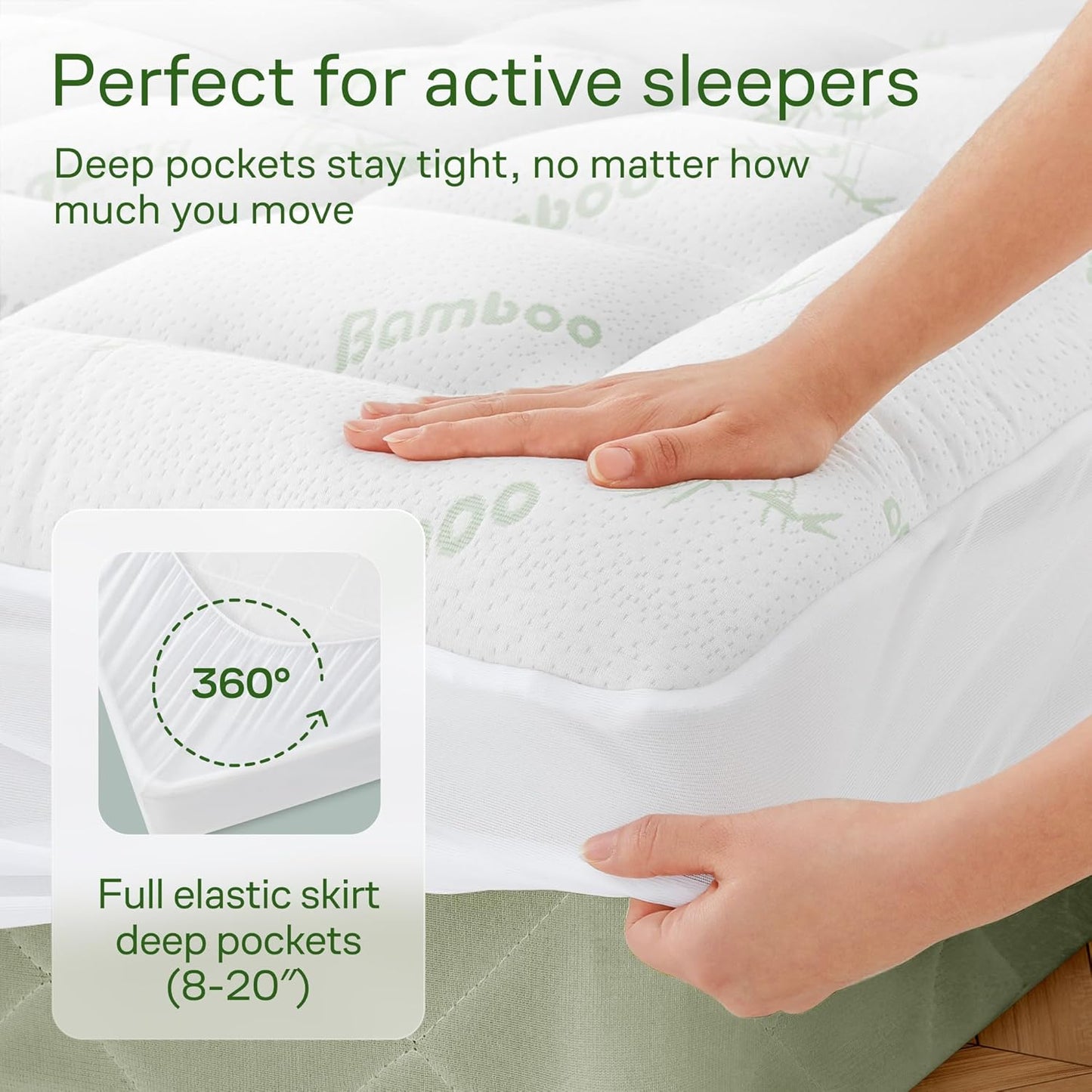 Skiennix Ultra Soft Twin Size Mattress Topper - Bamboo Viscose Pillow Top for Full Body Support - Naturally Cooling, Green