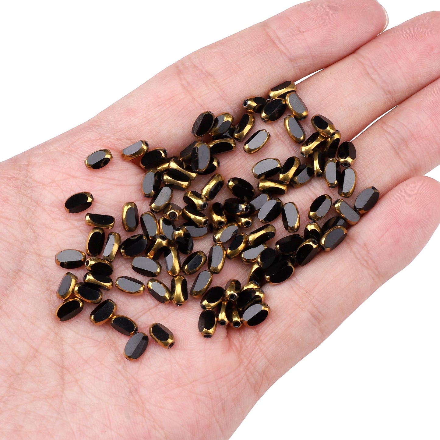 DADIFEN Glass Rice Beads Black 4x6mm 50pcs Faceted Oval Golden Edge Crystal Loose Beads for DIY Craft Jewelry Making