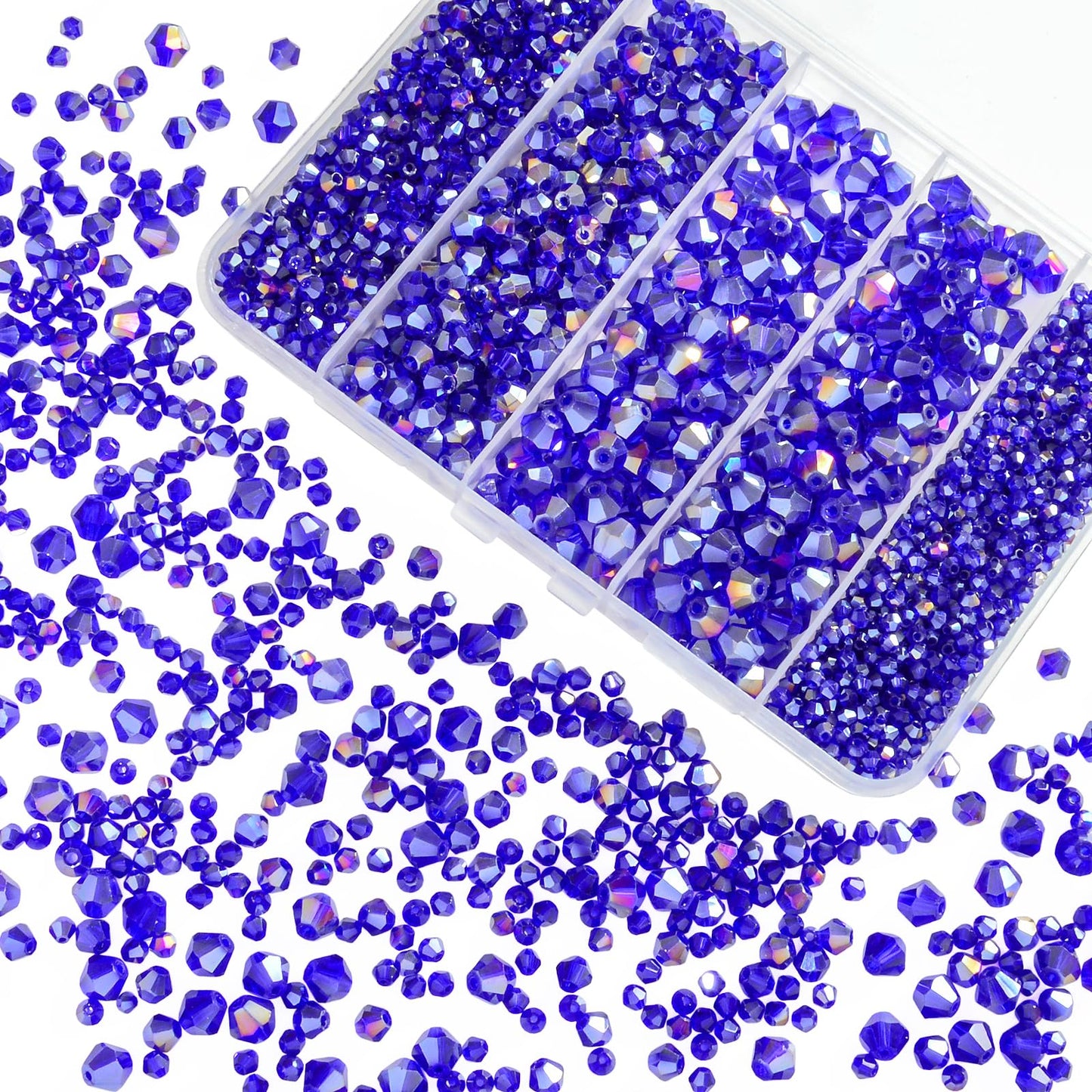 1550PCS Bicone Crystal Glass Beads Set for Jewelry Making, 3mm 4mm 6mm 8mm Sparkling Faceted Beads Sorted by Size for Bracelets, Necklaces, Suncatchers & DIY Crafts(AB Blue)