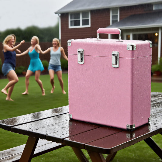 Vinyl Record Storage and Carrying Case, Waterproof Dustproof Portable Organizer for LP Collection, Pink Record Display Box Holds 45 7–12 Inch Albums, Ideal for Music Lovers and Rare Vinyl Collections