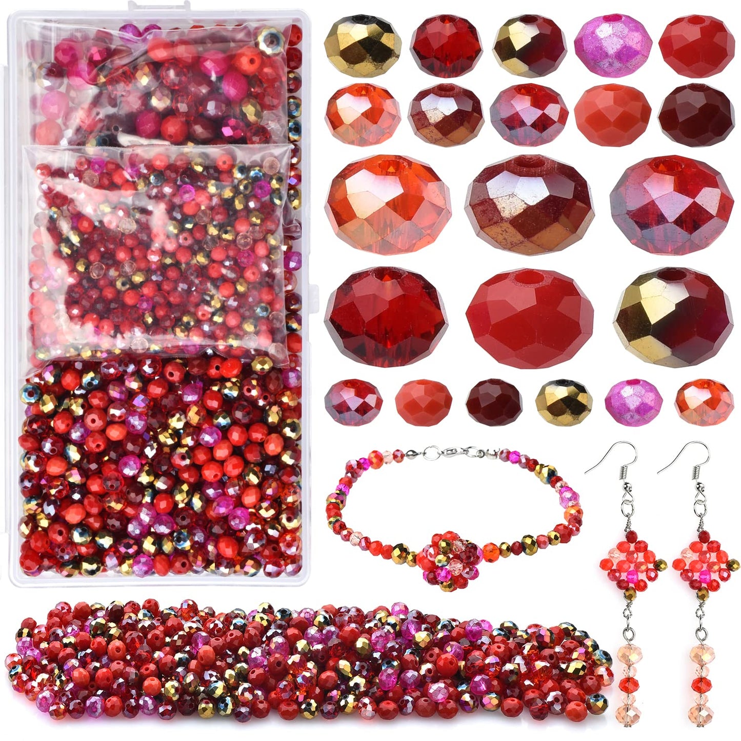KINGSHINE Briolette Faceted Rondelle Crystal Glass Beads for Jewelry Making-Wholesale Mix Lot 4/6/8mm DIY Crafts Spacer Beads with Container Box (Valentine's Day Gift)