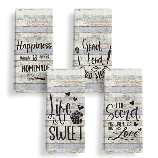Qeheb Retro Farmhouse Kitchen Towels Set of 4, Happiness Kitchens Quotes Decorative Dish Tea Towels, Vintage Rustic Hand Towels for Kitchen Dining Room, 16X24In
