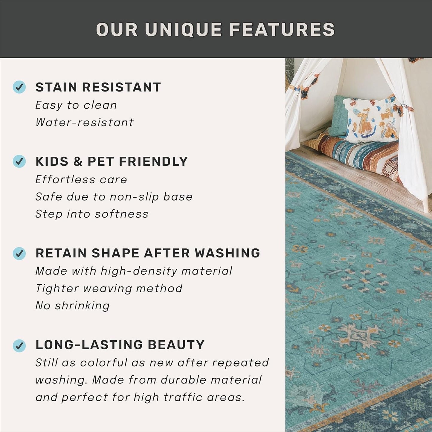 Skiennix Boho Teal 7x9 Soft Rug - Washable Turquoise Vintage Carpet for Living Room & Bedroom
