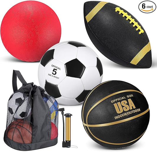 Lenwen 4 Pcs Sports Balls Set, Include Official Size Basketball Soccer Football Playground Ball Pump Equipment Bag for Teen Adult Gift Operation Christmas Ball Gifts