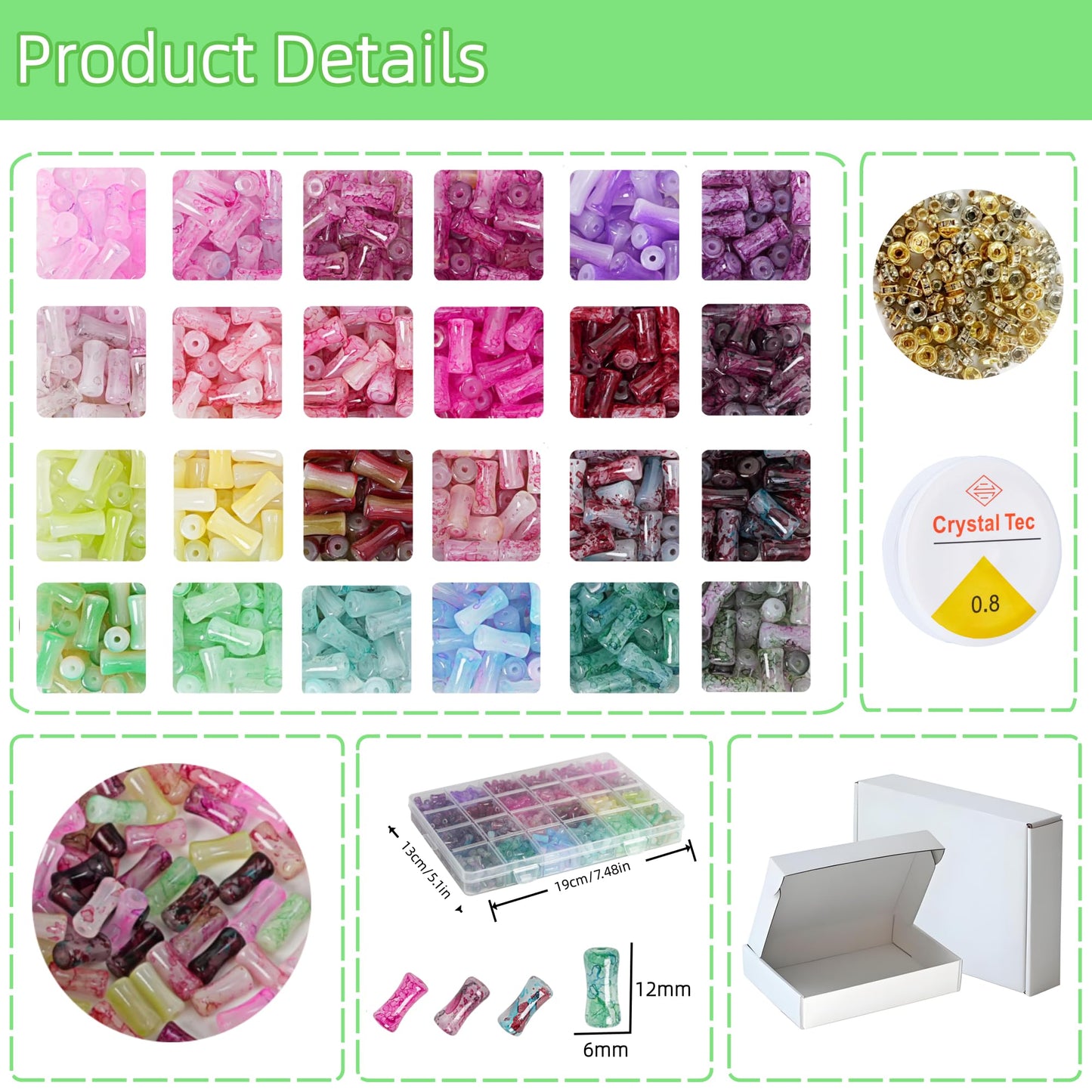 REVKI 6 * 12mm Glass Beads Bracelet Making Kit for Kids,600pcs 24 Colors Natural Bamboo Crystal Beads for Jewelry Making,Glass Beads for DIY Necklace Crafts