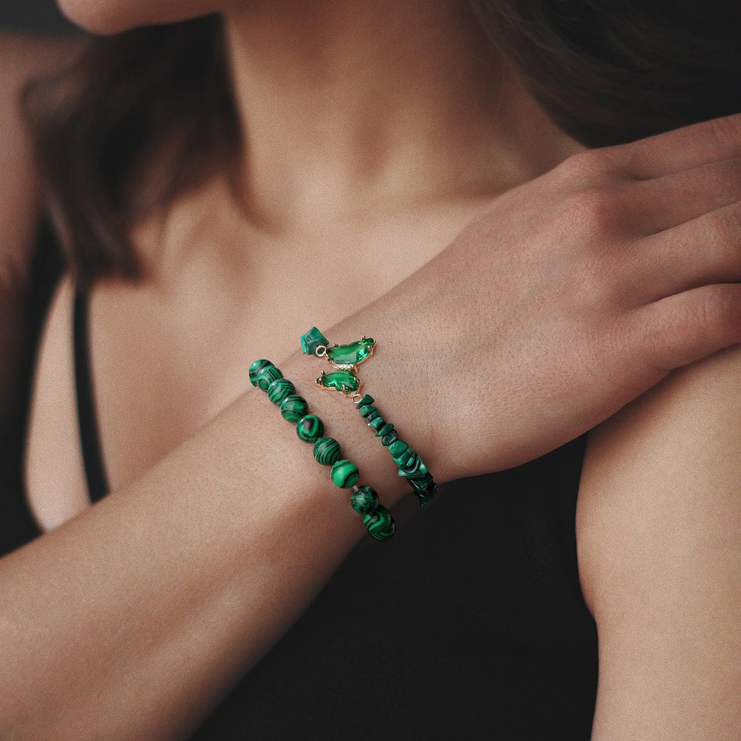 GolbalJew Malachite Stone Bracelet for Women Healing Crystal Stone Bracelets Green Gemstone Beads Stretch Bracelet Butterfly Charms Jewelry Women Gift