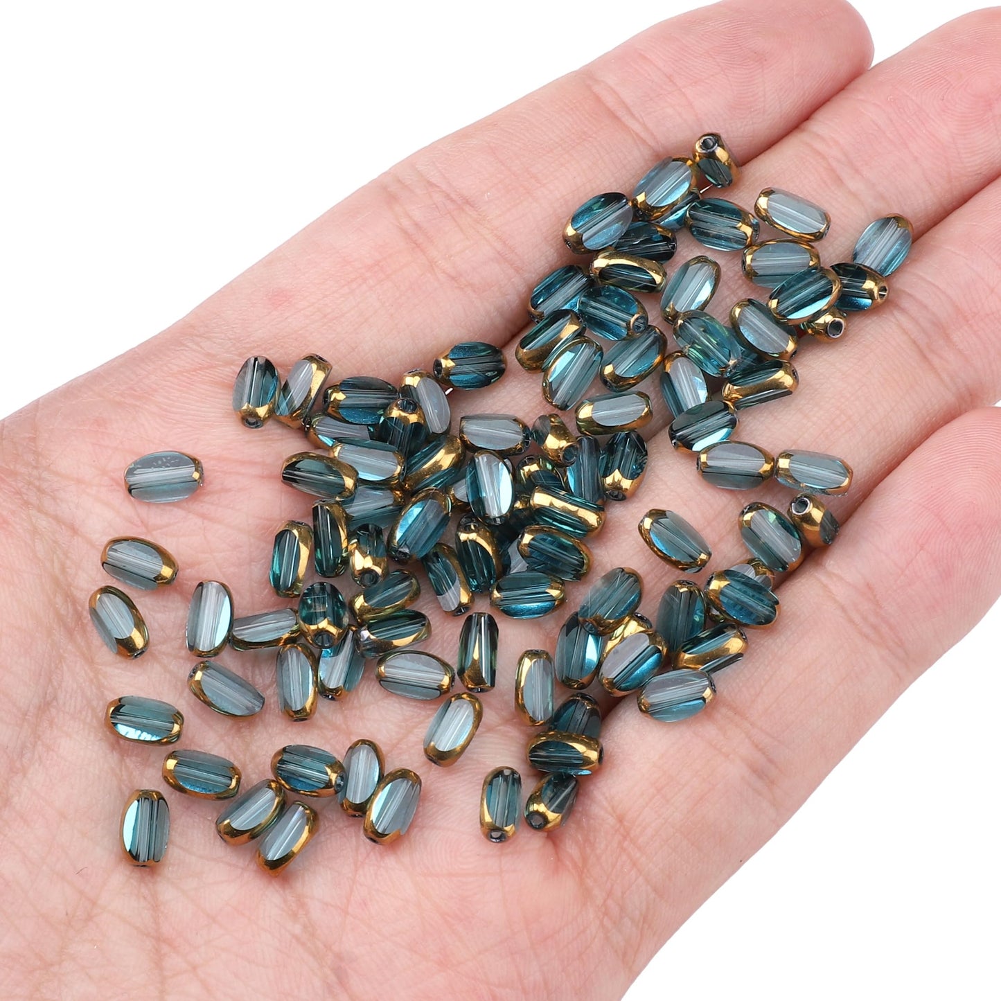 DADIFEN Glass Rice Beads Clear Lake Blue 4x6mm 50pcs Faceted Oval Golden Edge Crystal Loose Beads for DIY Craft Jewelry Making