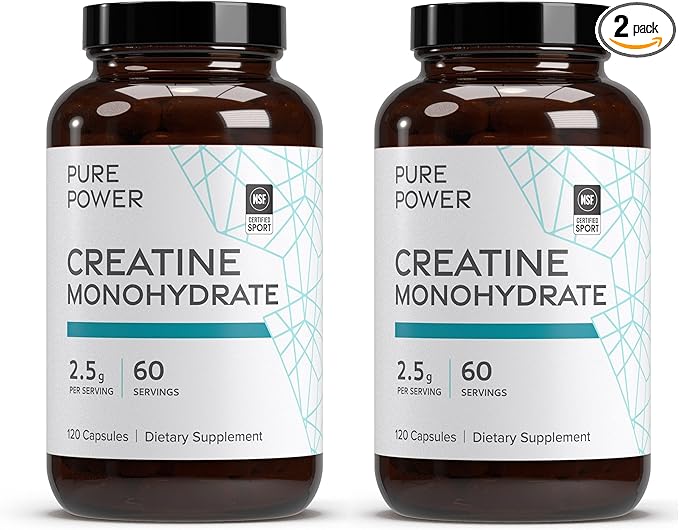 Dr. Mercola Pure Power Creatine Monohydrate, 60 Servings (120 Capsules) 2.5g Per Serving, Dietary Supplement, Strength and Energy, Non-GMO, NSF Certified for Sport, 2 Pack