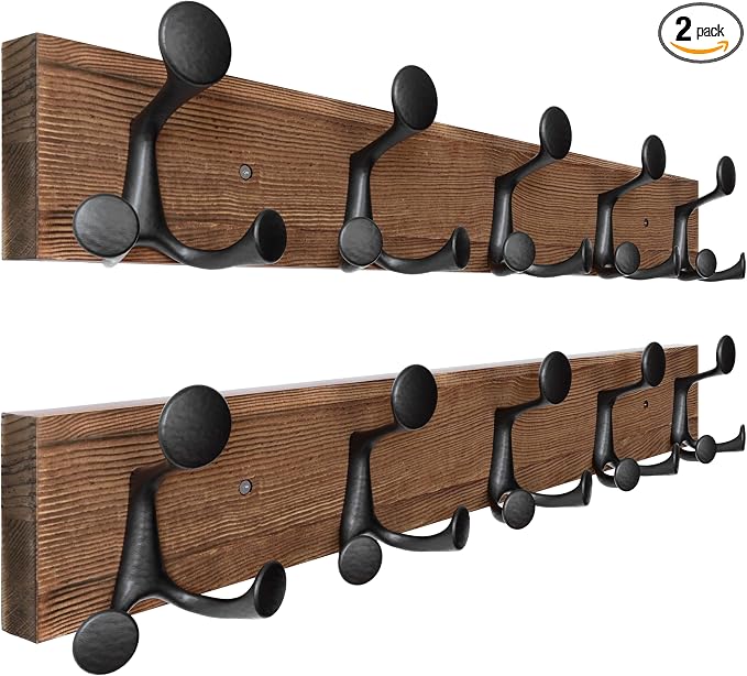 SKOLOO 24-Inch Wood Coat Rack Wall Mount with 5 Triple Hooks - Ideal for Family Entrances, Classrooms, and Pet Supplies Storage - Perfect Coat Hooks for Wall,Charred Golden Brown, Pack of 2