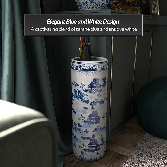 Oriental Furniture 20" Landscape Blue & White Porcelain Umbrella Stand