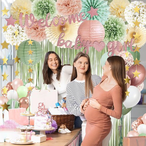 Dusty Pink Sage Green Baby Shower Decorations - Welcome Baby Girl Banner, Retro Pink Green Rosegold Balloons, 'Oh Baby' Cake Topper, Pom Poms Flowers Paper Fan For Birthday Jungle Woodland Party