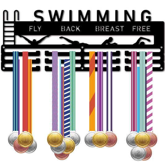 CREATCABIN Swimming Medal Holder Hanger Black Metal Iron Medal Rack Organizer Medal Stand Frame Hanging Over 60 Medals Wall Mounted Hanger for Dancer Ballet Runner 15.7 x 6Inch-Fly Back Breast Free