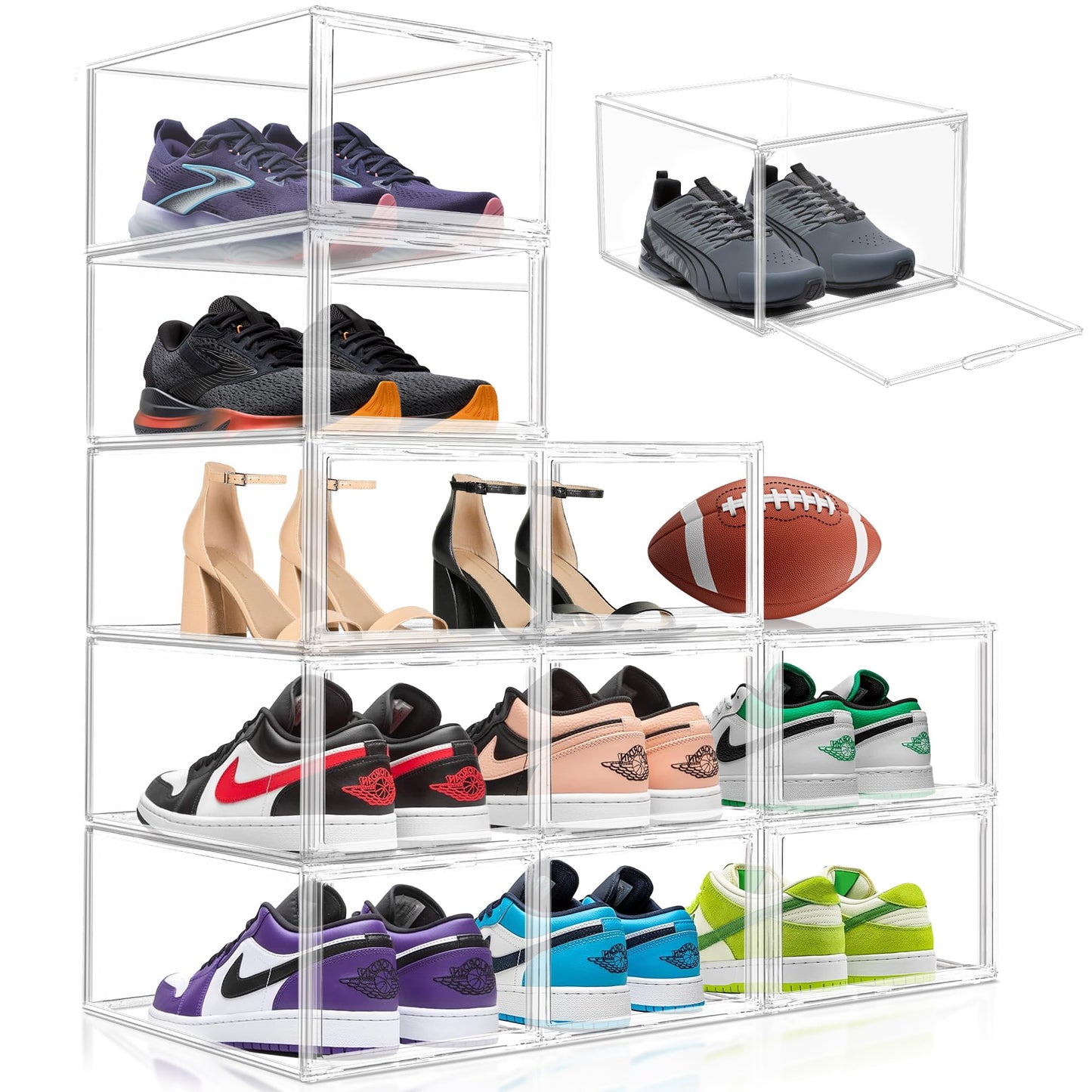 EZJOB 2 Pack Drop Front Shoe Boxes Acrylic Box Sneaker Case Size 12, Transparent Display Cases for Sneaker Collections, Baseball Caps, Hat Organizer Dust-free Shoe Cubbies Stackable Sneaker Boxes