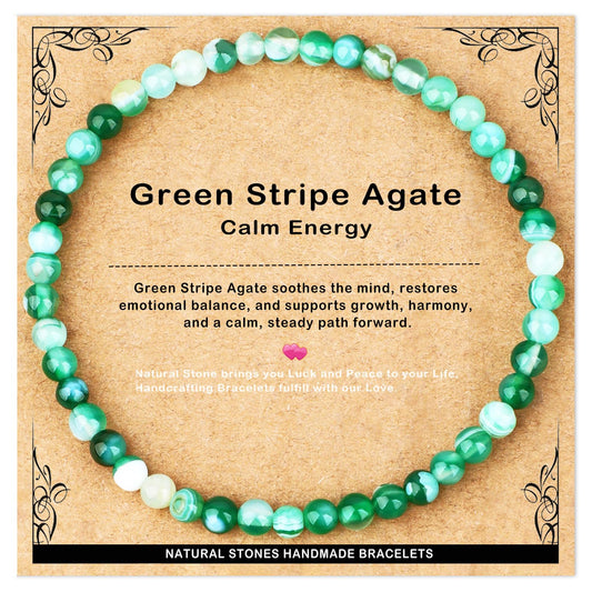 AD Beads 4mm Handmade Green Stripe Agate Elastic Bracelet – Natural Gemstone for Calm energy – Meditation, Yoga, Healing and Energy Gift for Men Women