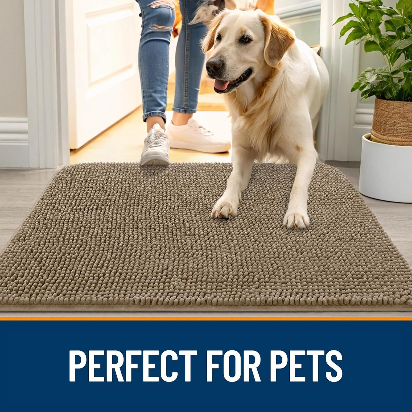 OLANLY Dog Door Mat - Absorbent Non-Slip Chenille for Muddy Paws | 59x20 Tan Indoor Entryway Carpet