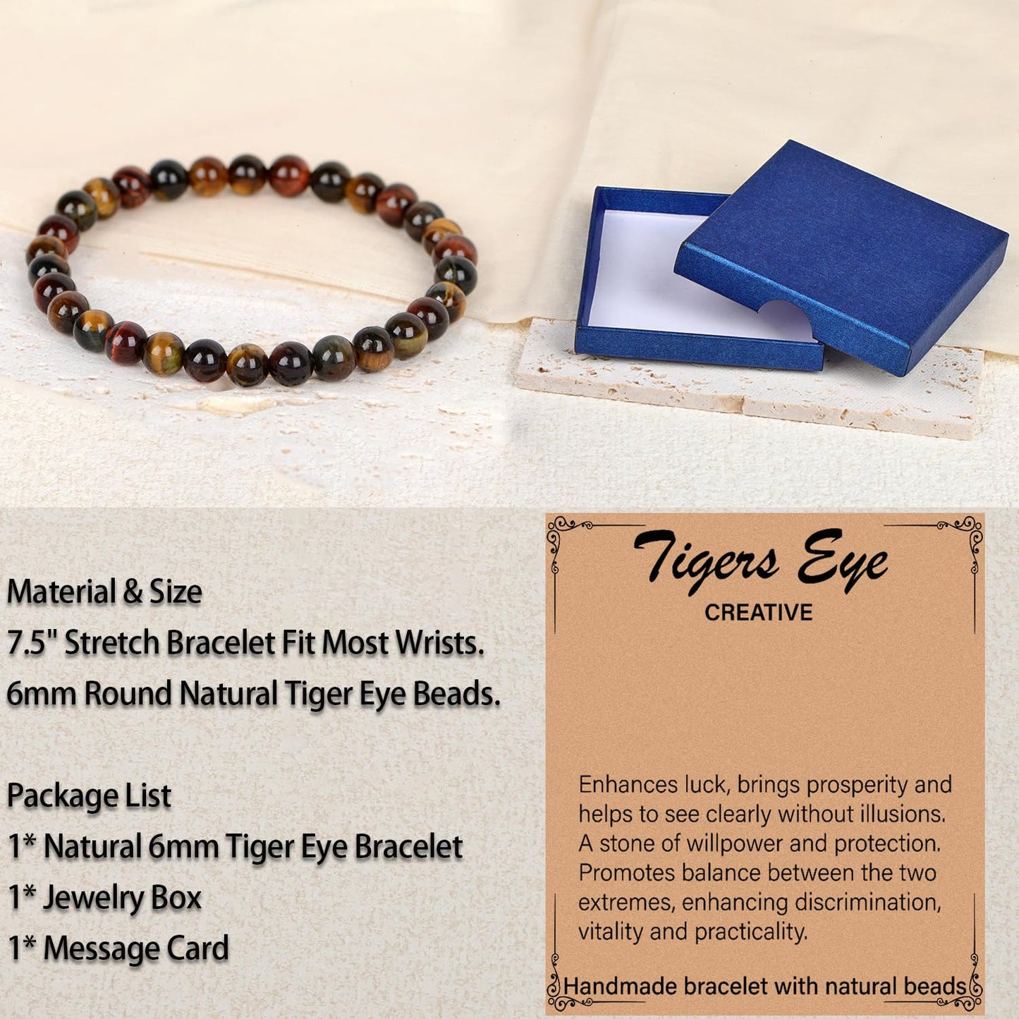 LPBeads Handmade Natural Gemstone Stretch Elastic 6mm Multicolor Tiger's Eye Bracelet Healing Crystal Round Stone Beads Jewelry Gifts for Women Men